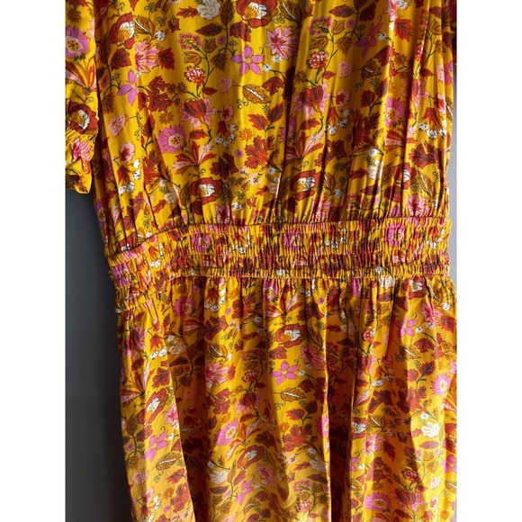 Floral Print Dress Smocked Waist Yellow Pink Rust Short Sleeve CasualFeminine - Picture 5 of 10